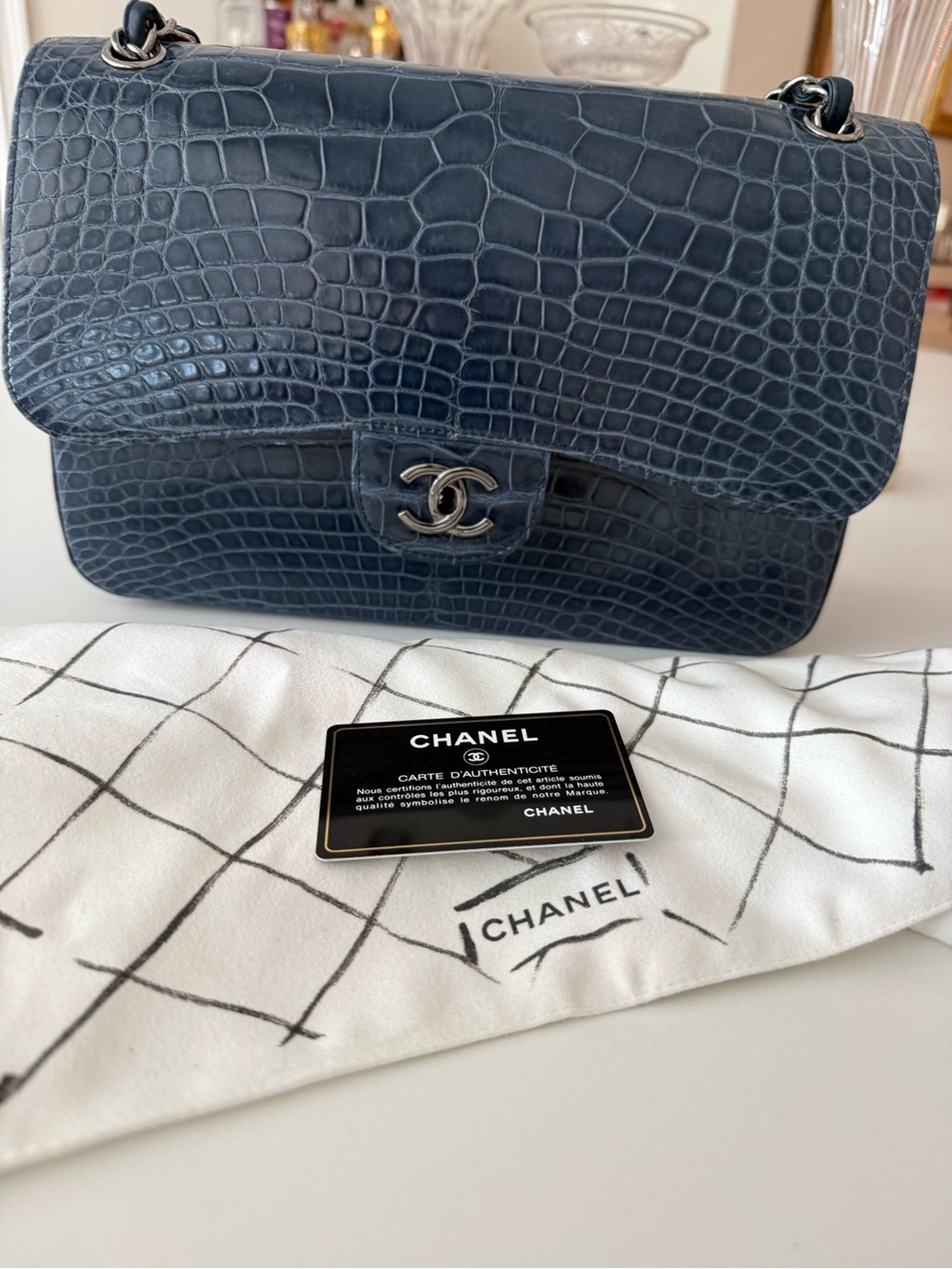 CHANEL Navy Crocodile Shoulder Bag with Silver Hardware